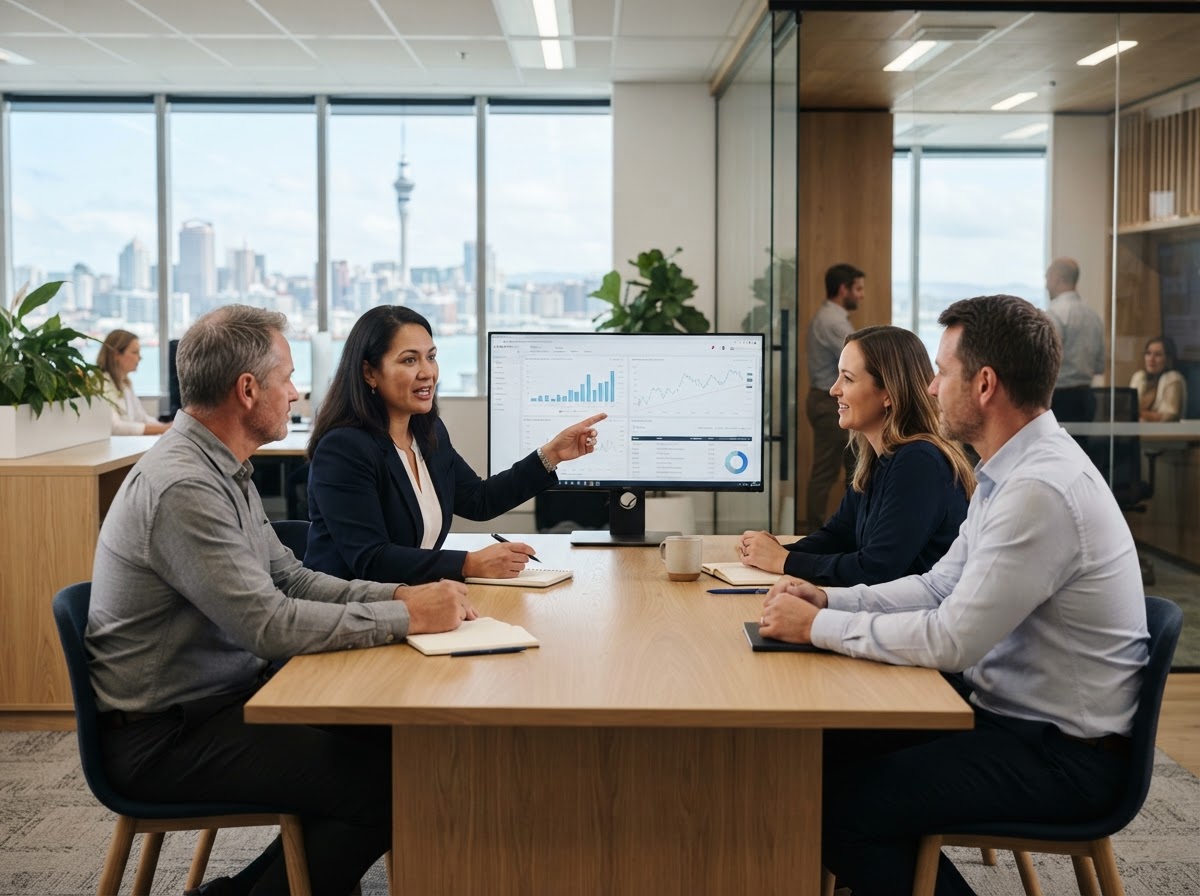 Kiwi Investors analysts reviewing AI-generated portfolio data in a Wellington office