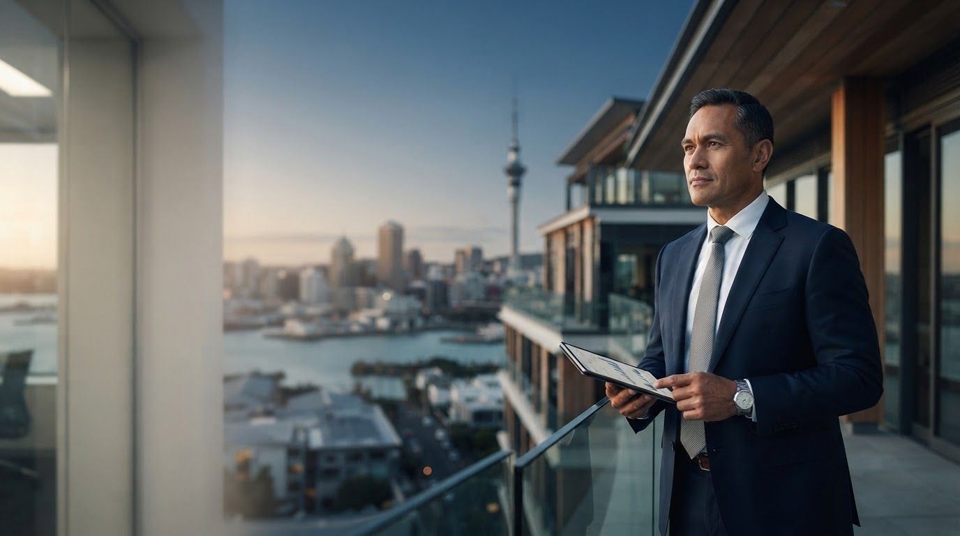 Kiwi Investors executive office setting with data visualization overlay representing AI-driven investment analysis